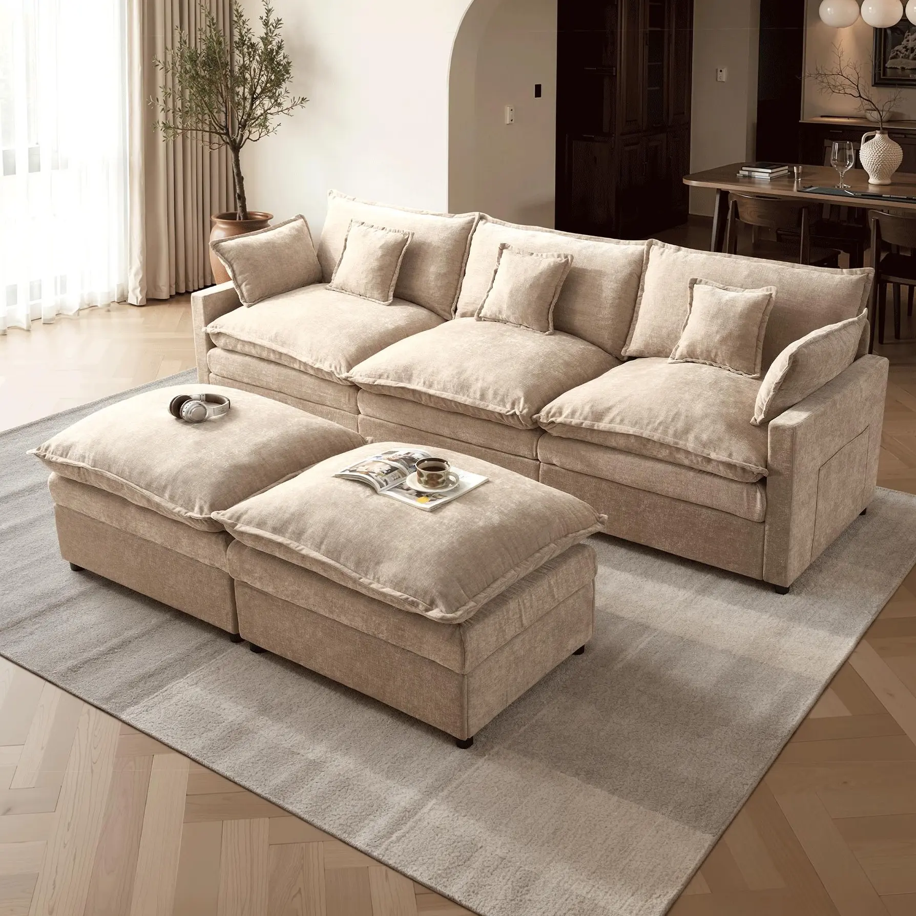 【2 Packages Shipping】OVIOS 108" U-Shaped Modern Sofa Modular Sectional Cloud Couch with 2 Ottoman, Comfy Chenille Deep Seat Sofa Bed for Living Room, Bedroom and Apartment, 5 Pillows Included 【2 Packages Shipping】OVIOS 108" U-Shaped Modern Sofa Modular Sectional Cloud Couch with 2 Ottoman, Comfy Chenille Deep Seat Sofa Bed for Living Room, Bedroom and Apartment, 5 Pillows Included