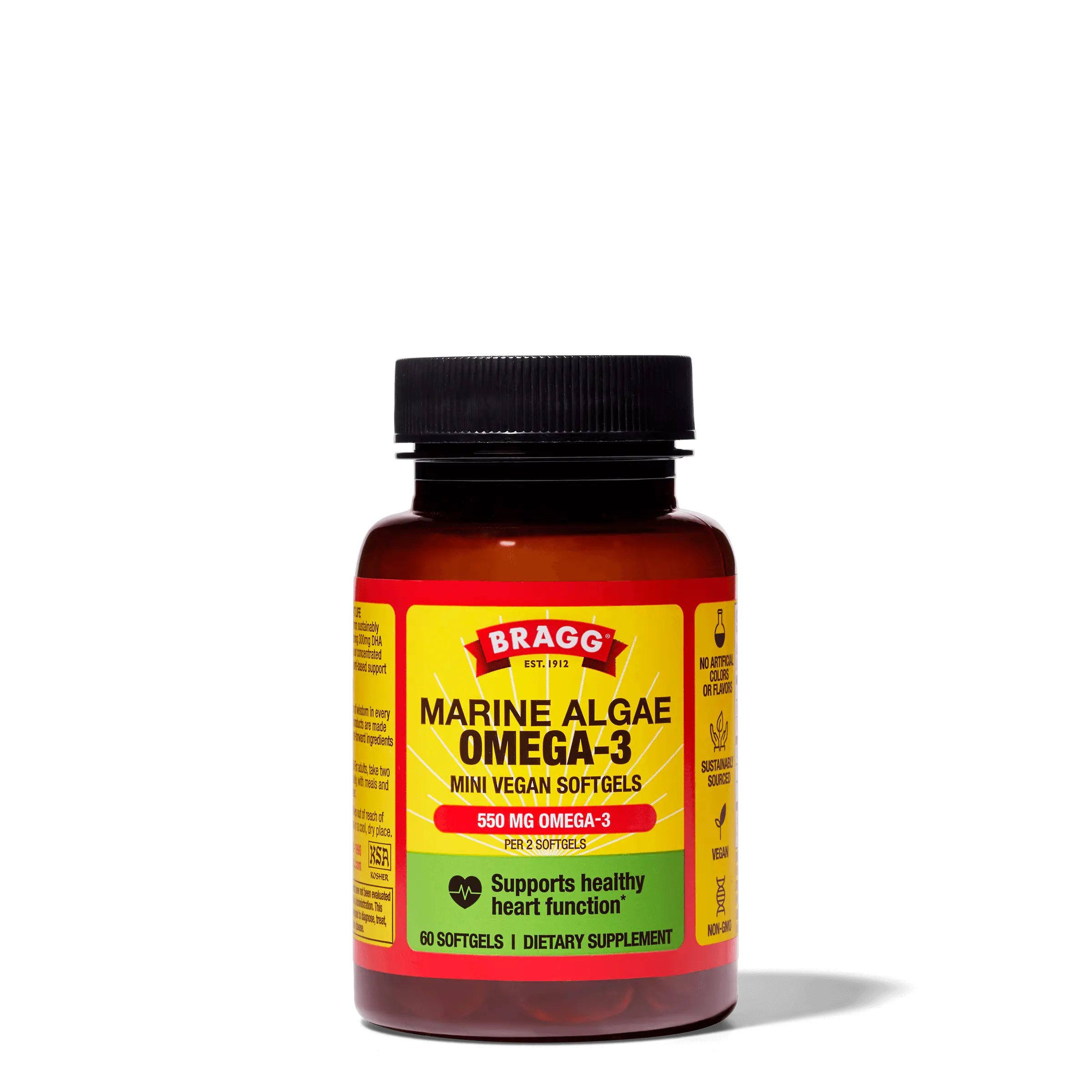 Bragg Marine Algae Omega-3 Softgels - Plant-Based 300 mg DHA & 150 mg EPA for Heart Health - Vegan Supplement
