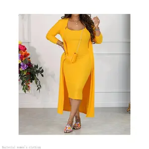 Women's Autumn Winter Solid Color Ribbed Strap Dress and Jacket Two-Piece Set