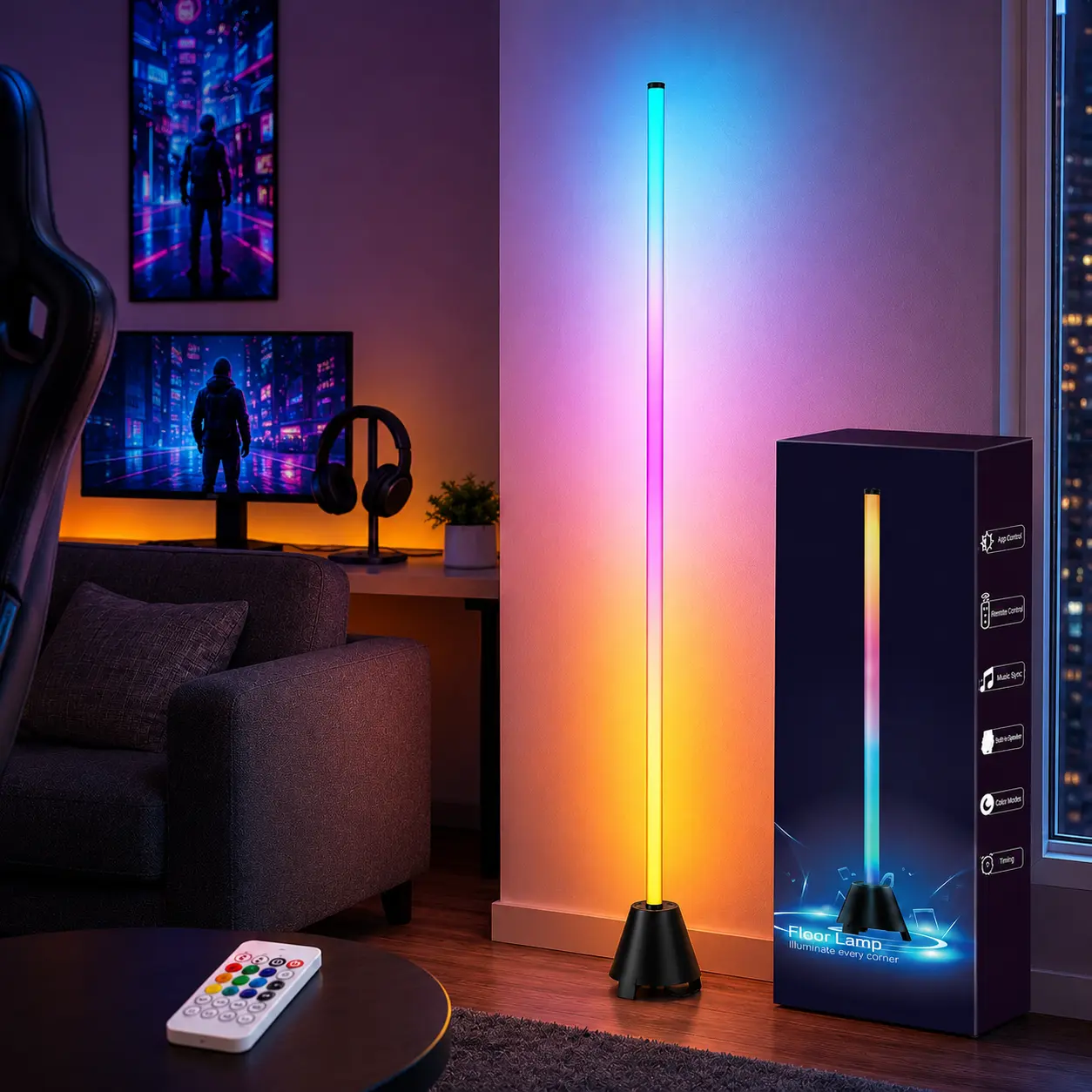RGBIC Floor Lamp with Built-in Bluetooth Speaker, Music Sync, App and Remote Control, Timer, USB-Powered LED Corner Light for Bedroom and Gaming Room