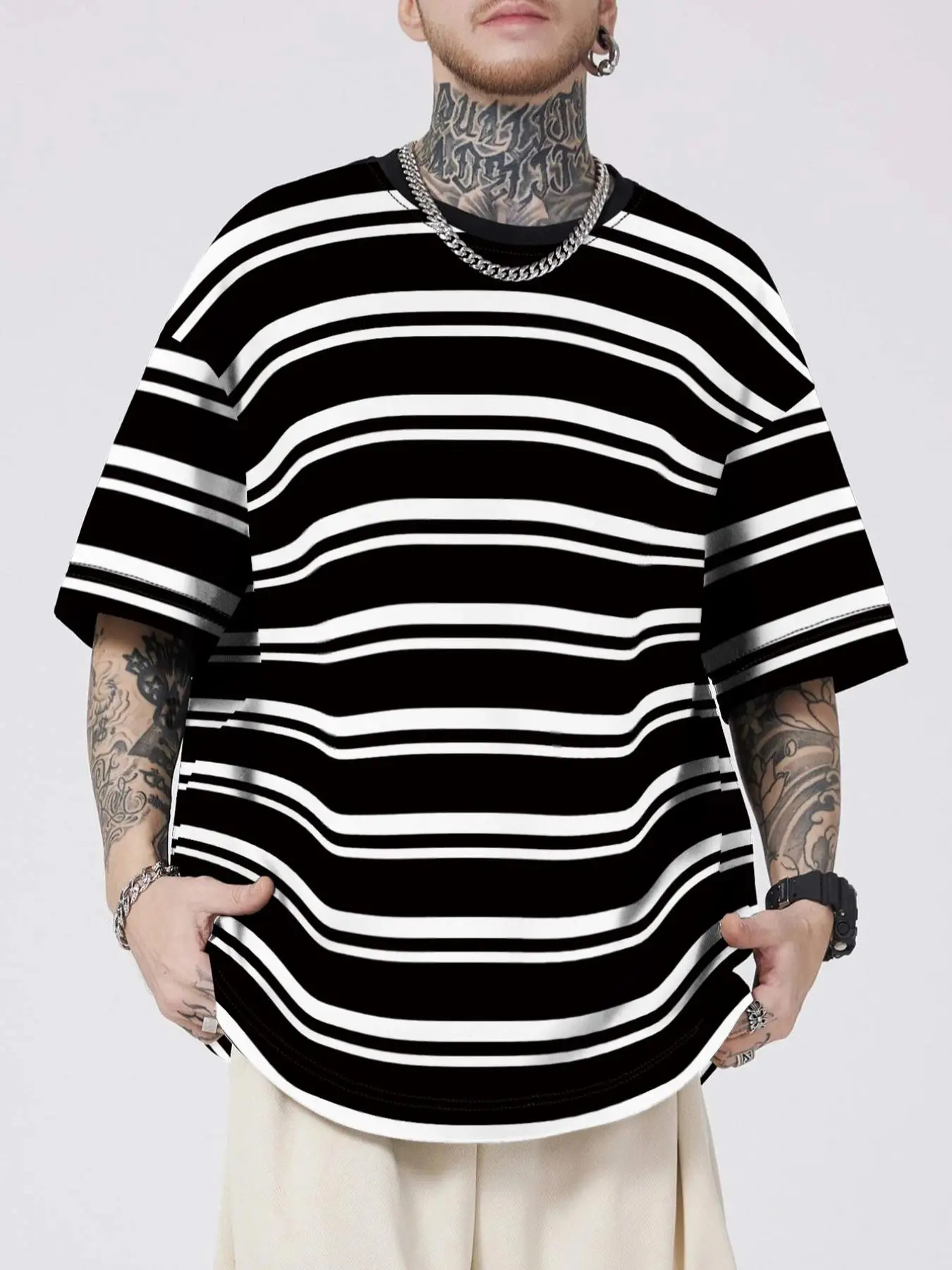 Men's Colorblock Striped Print Drop Shoulder Tee, Loose Casual Soft Comfy Half Sleeve Round Neck T-Shirt for Summer, Men's Top for Daily Wear
