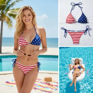 American Flag Triangle Bikini Set Halter Neck Tie Side 2 Piece Swimsuit for Women Fourth of July Patriotic Bathing Suit