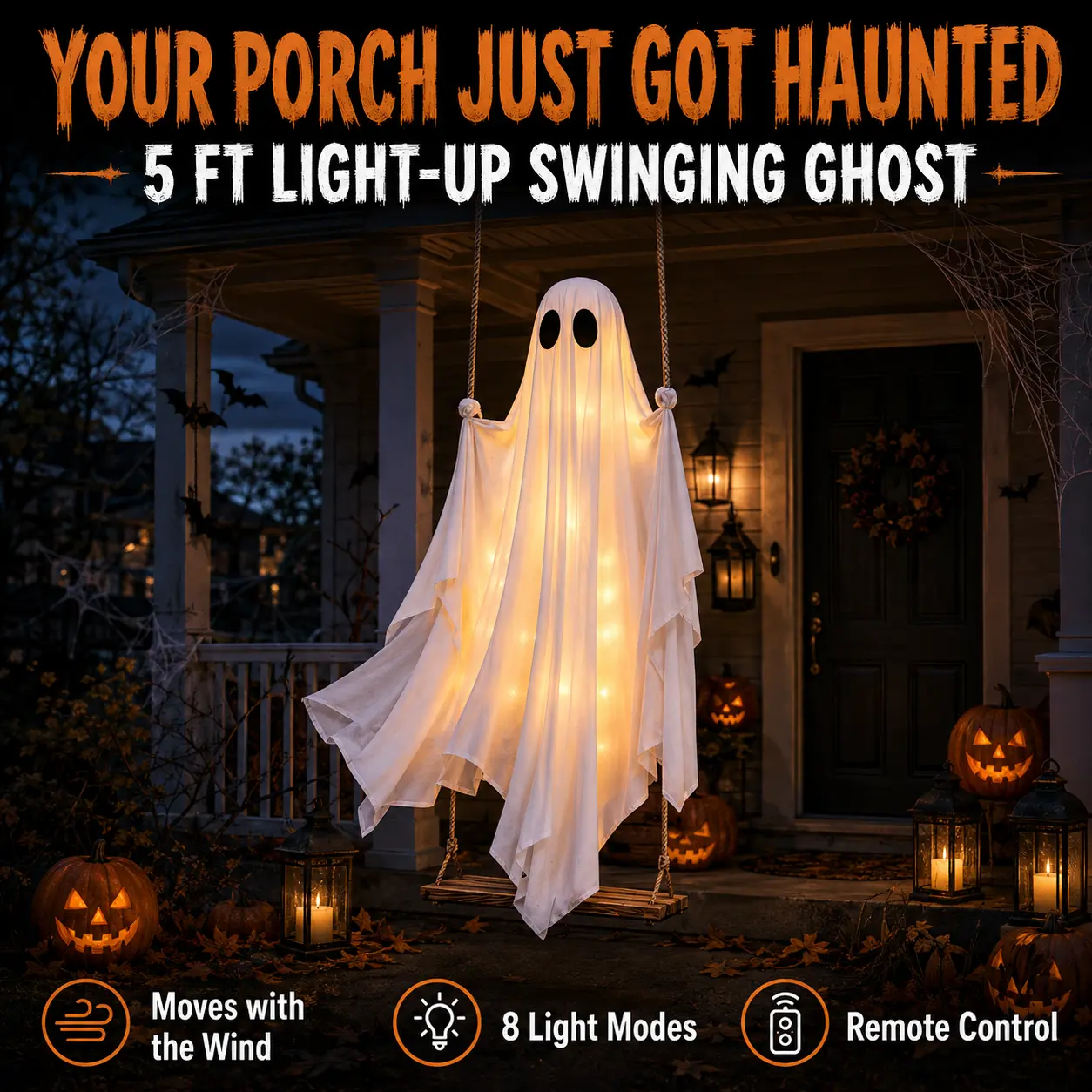 Halloween Swinging Ghost Large Light-Up Outdoor Decoration with 8-Mode Remote Control LED Lights for Spooky Yard, Porch, Tree & Party Decor, Halloween Decorations Outdoor, Party Lighting Decoration