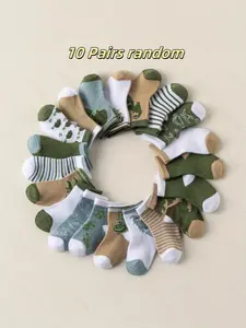 10 Pairs Random Dinosaur & Camo & Striped Pattern Kids Socks, Soft Skin-Friendly Adventure-themed Sock Set, Suitable for Boys & Girls (Aged 0-3 Years)
