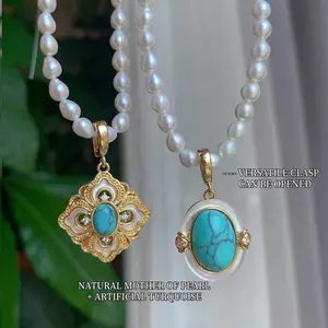 Vintage Universal Clasp Pendant - Faux Turquoise & Mother of Pearl Necklace, Elegant New Chinese Style, Detachable  pounamu necklaces