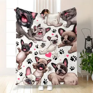 1pc French Bulldog Blanket - Soft Warm Flannel Cozy Throw Suitable for Sofa, Bed, Camping & Travel - Cute French Bulldog Puppy Design with Hearts & Paw Print, Gift for Dog Lovers, Bedspread (Contemporary Style)--Warm Haven Textiles