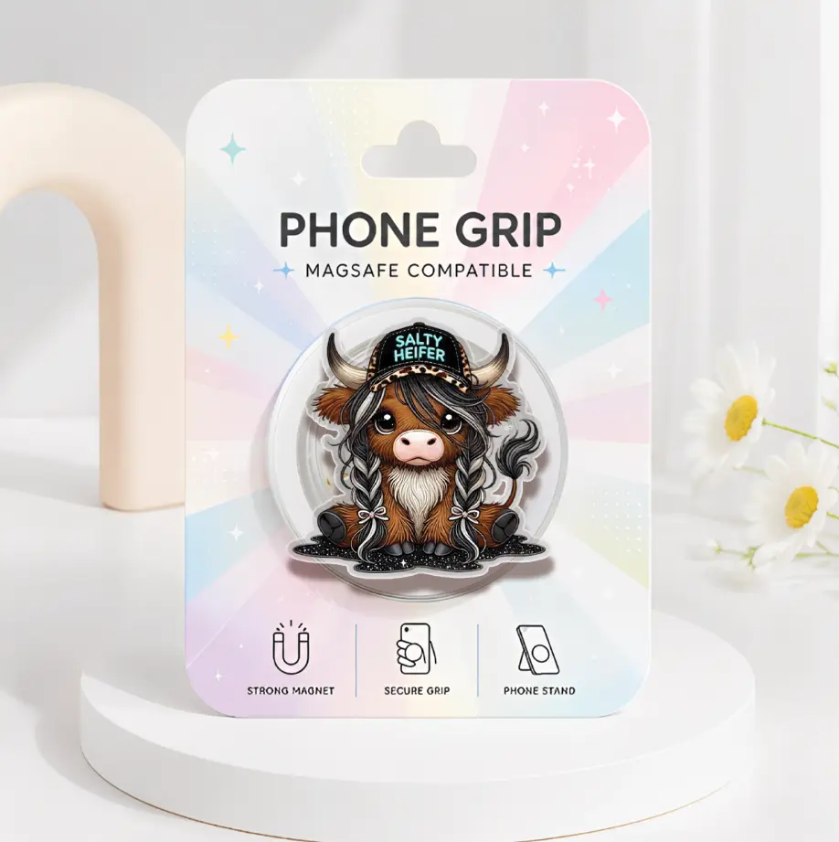 Salty Heifer Highland Cow Phone Grip, Cute Western Cowgirl Magsafe Phone Holder, Cute Girlie Cow Kindle Grip, Highland Cow Phone Accessories, Farmhouse Animals Pop Socket, Gift for Her