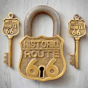 Route 66 Solid Brass Lock & Keys With Embossed Lettering (3.5" x 2.25")