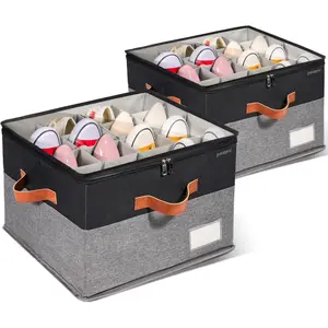 Shoe Organizer for Closet, Adjustable Shoe Box Storage Containers, Large Foldable Shoe Storage Bins with Clear Cover, Space Saving Shoes Holder with 4 Handles, Fits 8-16 Pairs, 2 Pack, Black