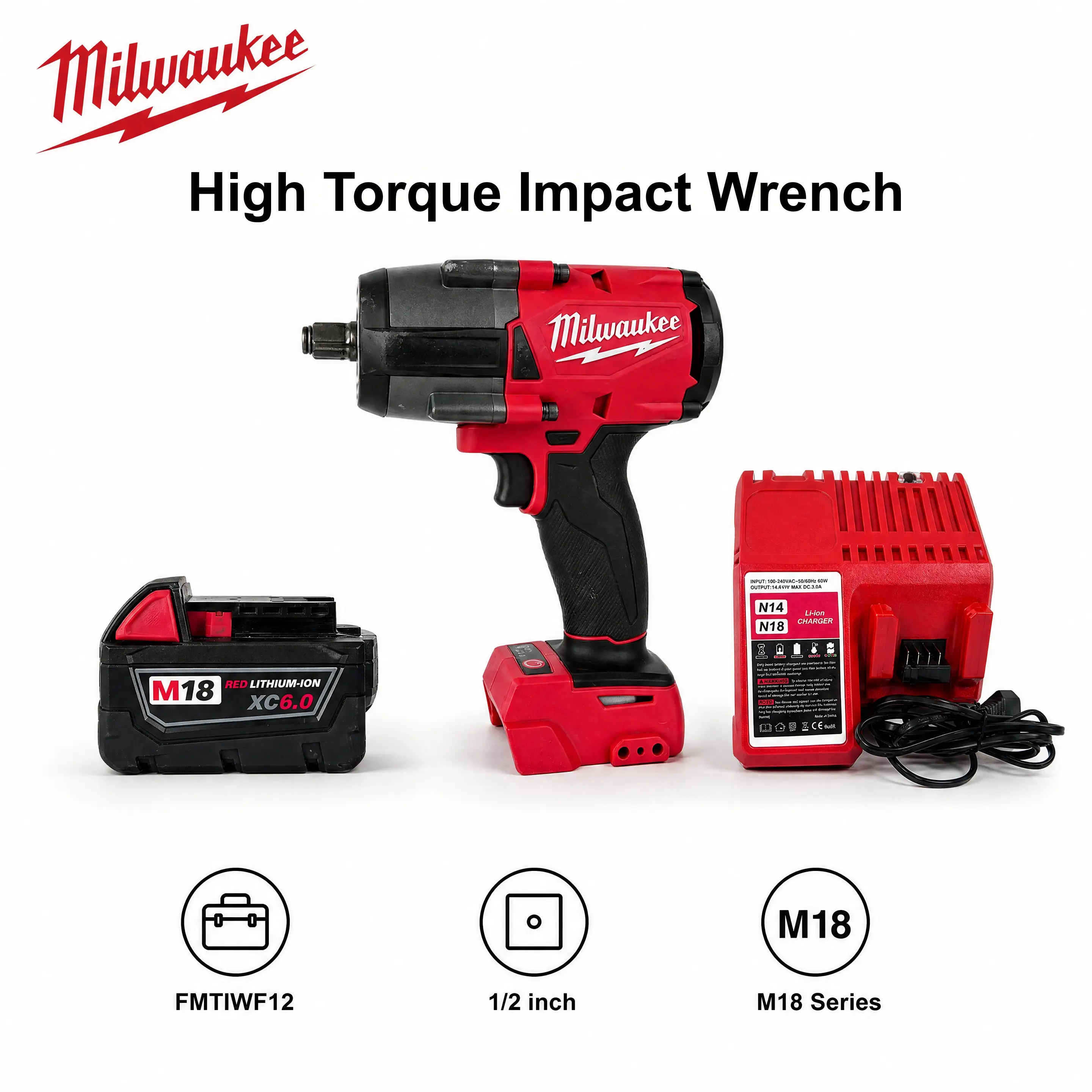 Milwaukee M18 FMTIWF12 18V Cordless Impact Wrench, 1/2 Inch Square Drive, 3 Speed Adjustable Speed And Impact Rate, 1000Nm Breakaway Torque, 750Nm Fastening Torque, Compatible With M22 And Smaller Bolts For Automotive And Construction Heavy Duty Work