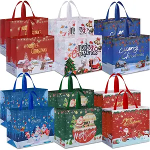 12PCS Large Christmas Gift Bags, 15.7'' x 14.2''x 5.9'', Christmas Tote Bags with Handles, Non-woven Reusable Shopping Bag for New Year, Xmas's Party Supplies Decorations