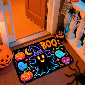 Neon Glow-in-the-Dark Halloween Door Mat with Glowing Ghosts, Pumpkins, Bats & Spiders - Self-Lit Welcome Mat for Front Door, Kitchen