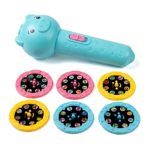 Kids Cartoon Projection Flashlight Toy for Early Education Learning with 6 Themed Slides Includes Numbers Dinosaurs Animals Vegetables Transportation and Household Items Ideal for Sleep Stories and Cognitive Development