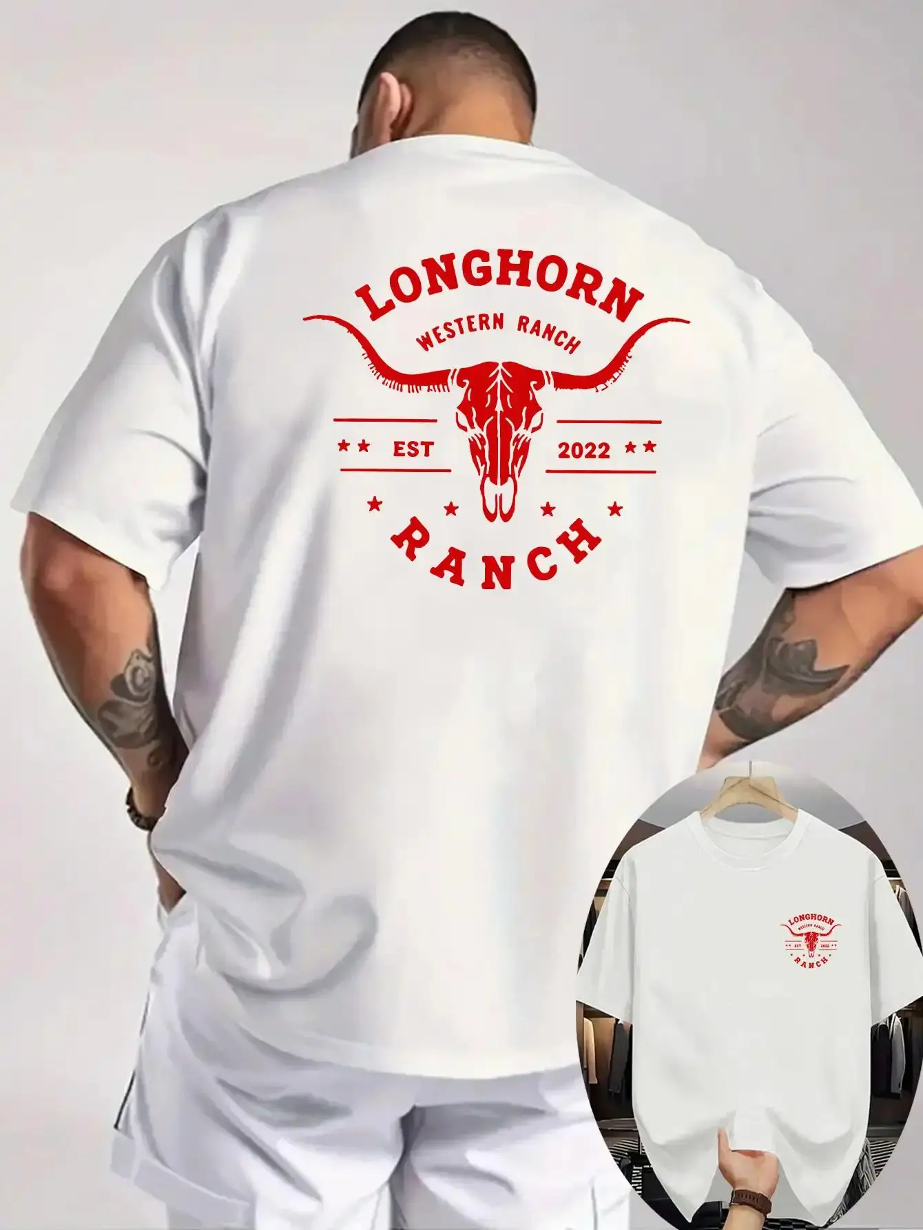Men's Western Cowboy Graphic T-Shirt - Longhorn & Bull Skull Texas Ranch Print, Breathable Knit Fabric, Unisex Oversized Shortleeve Apparel Tops, Casual Round Neck for Summer Outdoor & Ranch Events