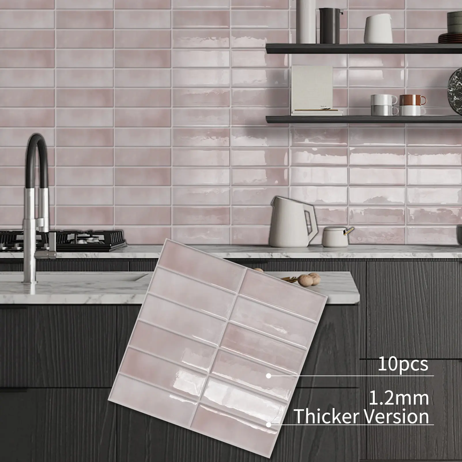 DEWOO Waterproof, Self-Adhesive Anti-Splash Wall Tiles (10-Pack) — 1.2mm Self-Adhesive Vinyl Wall Tiles, Suitable for Kitchens & Bathrooms; Tile Texture Design Wallpaper，kitchen decor Wall Panels Roll