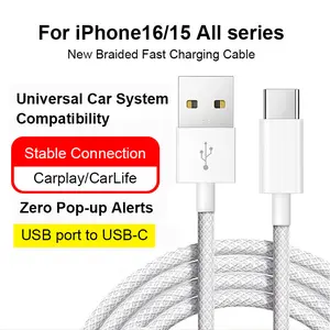 USB-A to USB-C Cable for iPhone 17/16/15, 17/16/15 Pro, 17/16/15 Pro Max, CarPlay, PC Connect, Data Transfer, USB-A Port, Car-Specific