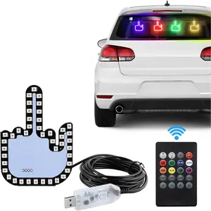 Middle Finger Car Light with Remote Finger Flicker Hand Gesture Road Rage LED Sign Flip Off Finger Funny Gifts Cool Gadgets for Car Window USB 7-Color Adjust Brightness