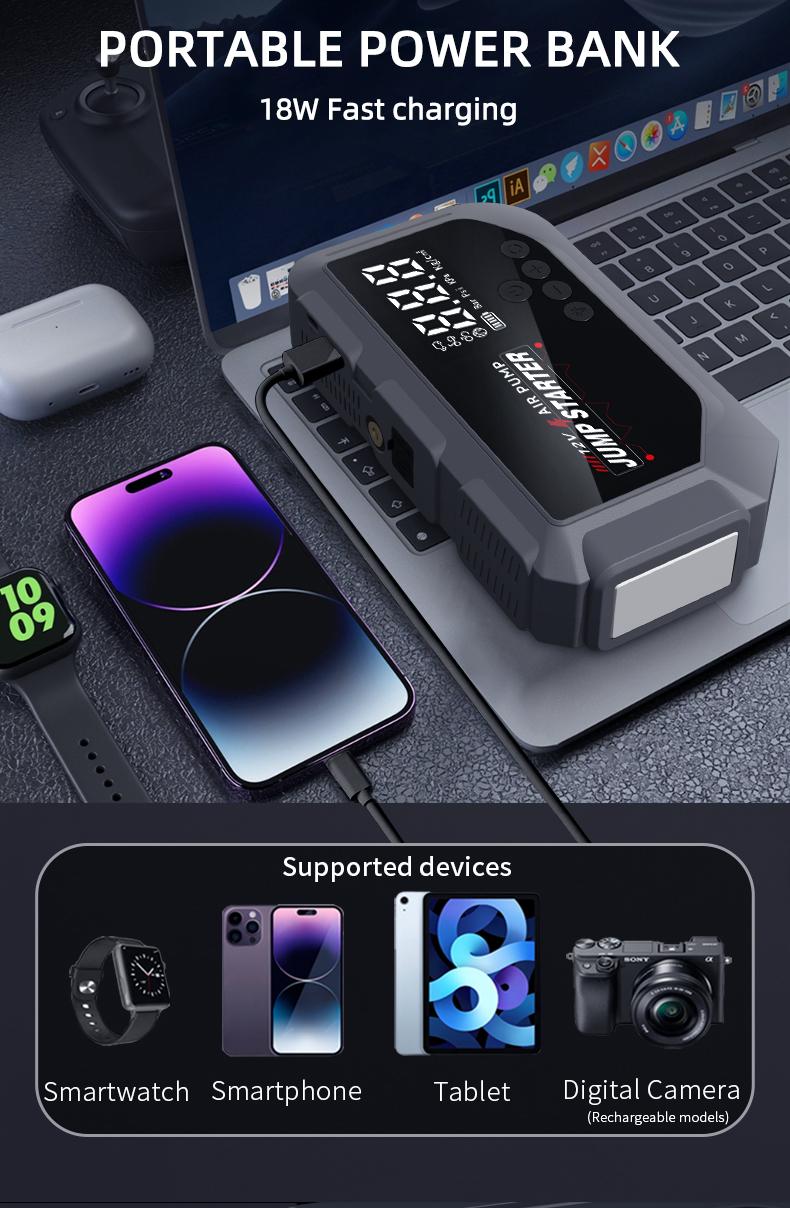 12V Portable Car Jump Starter 2000A Peak Emergency Battery Booster, Multifunction Power Bank with LED Light & Safe Protection, Universal Vehicle Jump Box for Roadside Assistance, Outdoor Camping and Daily Emergencies