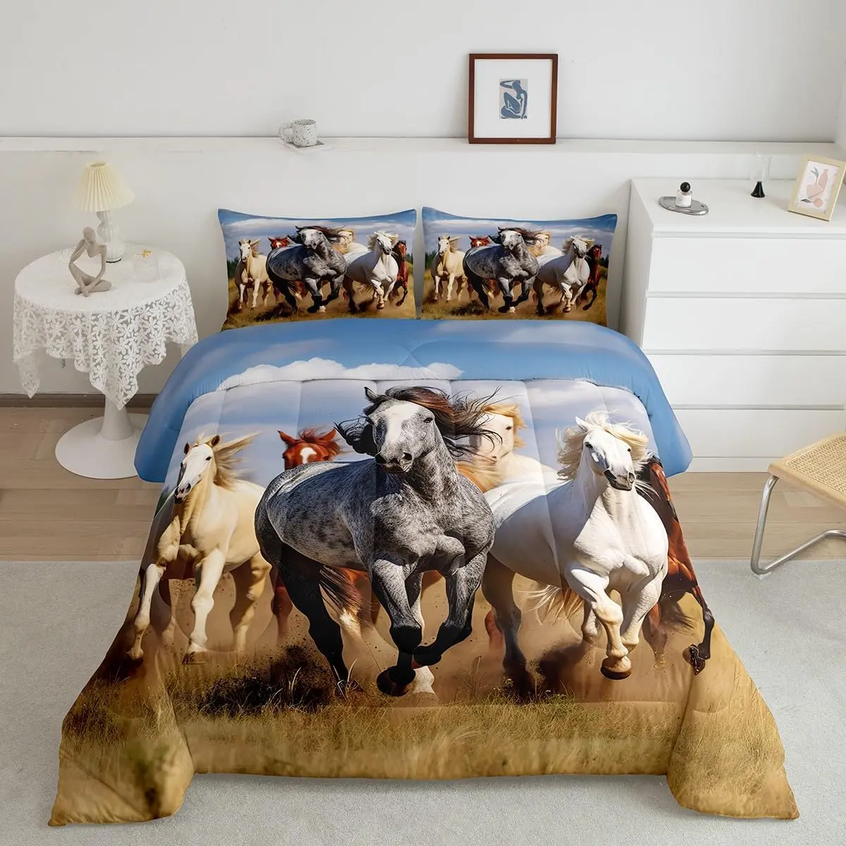 Horse Comforter Set,Galloping Horse Bedding Set for Men Women,Cute Animal Decor Comforter,Wild Animal Duvet Set,Room Decor, Bedroom Bedding Set, Decorative Bedding Set