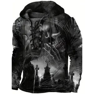 Men's Gothic 3D Skull Print Hoodie - Long Sleeve Pullover with Lace-Up Detail, Black Hooded Sweatshirt for Fall/Winter, Casual Polyester Blend, Machine Washable vacation outfits Fabric Knit Menswear Spandex