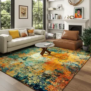 QDUIDU High-quality Abstract Style Colours Pattern Indoor Outdoor Large Area Rug, Non Slip Washable, Soft Durable Carpet, For Living Room Bedroom Kitchen, Backyard Patio Porch, High Traffic, Pet-Friendly, Non-Shedding, Easy Clean, Vintage Inspried
