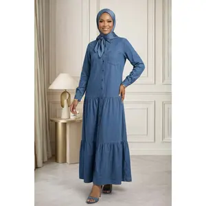Denim Solace Maxi Dress - Soft Cotton Denim, Button-Down Shirt Collar, Tiered Silhouette, Relaxed Fit, Casual & Chic Women's Abaya Style, Breathable, Womenswear, Elegance