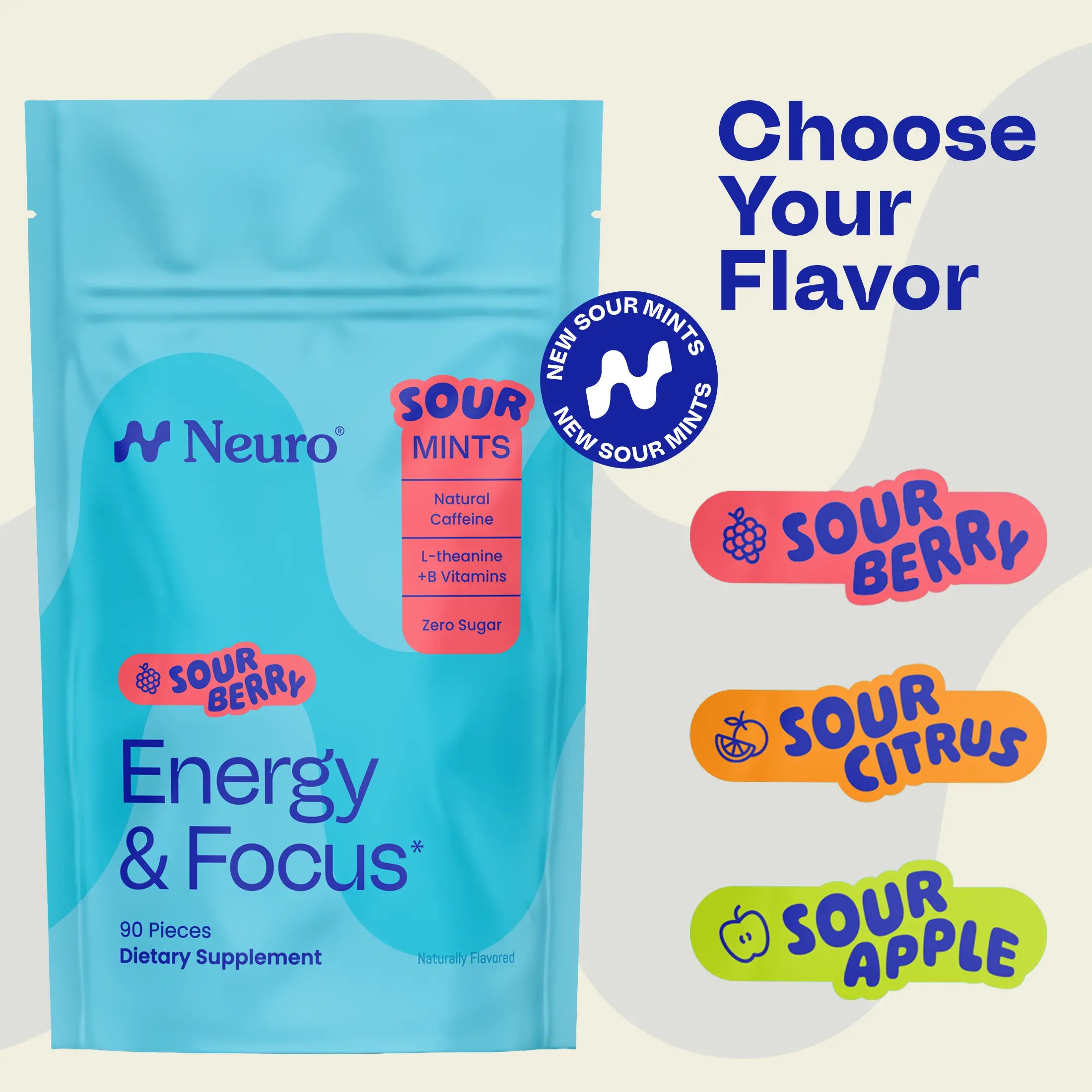 Neuro Energy & Focus Sour Mints (90 Pieces) - Sugar Free with Natural Caffeine, L-theanine, Vitamin B12 & Vitamin B6 - Choose Your Flavor