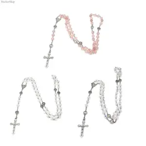 2026 New Colorful Crystal Beads Rosary Necklaces for Men & Women, Catholic Religious Cross Pendant Jewelry, Long Chain Design, Stylish Devotional Faith Accessory Perfect for Daily Wear, Church, Prayers & Gifting, Ideal Religious Gift for Family & Friends
