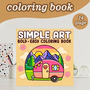 Simple Art Coloring Book Theme, 24 Bold Stress-Relief Relaxation Mindfulness Designs, 7.9in X 7.9in Perfect Size, Thick Paper, Ideal Gift for Adults Kids Teens