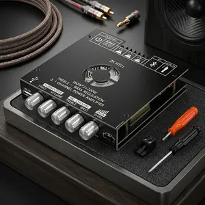 Upgrade Your Home Theater with ZK-HT21 Bluetooth Amp: 160Wx2, 220W Subwoofer Output, BT 5.0, AUX/USB, Bass/Treble Knob, DC 15-36V Powered.