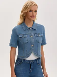 INSPIRE CHIC Women's Cropped Jean Jacket Short Sleeve Button Down with Pockets Classic Denim Jackets