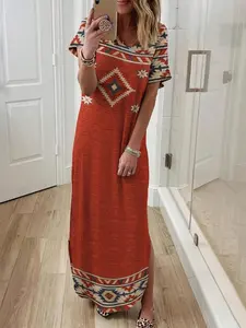Women's Ethnic Print Vintage Casual Short Sleeve Dress, Long Fitted Dress for All Seasons, Stylish and Comfortable Clothing