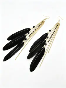 Long Feather Dangle Earrings for Women, Boho Turquoise Beaded Tassel Drop Earrings with Chain, 7.87 Inch Bohemian Statement Jewelry for Party, Beach, Festival