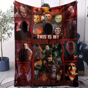 Dark Style Blanket, Cozy Throw, Small Throw Blanket, Nap Blanket, Horror Movie Characters All-Over Collage Printed Unique Print Pattern Bedding, Horror and Thriller, Soft and Comfortable, Perfect for Bedding Decoration of Horror Movie Enthusiasts