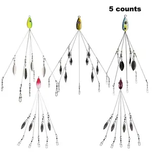5 Arms Alabama Rigs for Bass Fishing, Swimbait Lure Kit Umbrella Rigs with 4 Willow Leaf Blades for Trout Salmon Freshwater Saltwater
