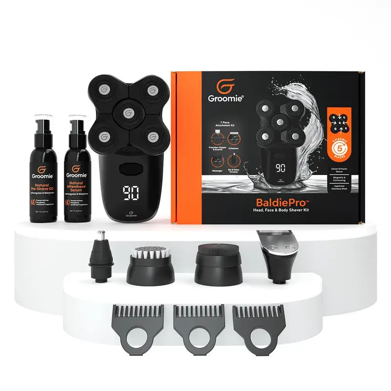GROOMIE No Hair, Don't Care Bundle - 5D BaldiePro Electric Head Shavers for Bald Men, Natural Pre-Shave Oil to Promote Close Shave, & Natural Aftershave Serum, 7 Piece Accessory Kit - Mens Head Shaver Kit w/Electric Razor