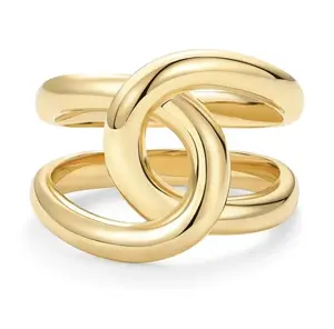 Women's Gold Plated Chunky Interlock Statement Ring - Thick Link Interloop Band, Stackable Female Costume Jewelry