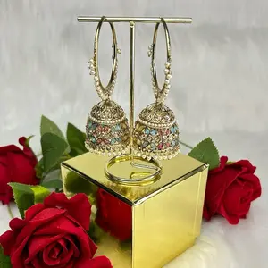 Gold Polki Hoops with Jhumka - Elegant Design for Women, Ideal for Parties and Weddings, High-Quality Accessory