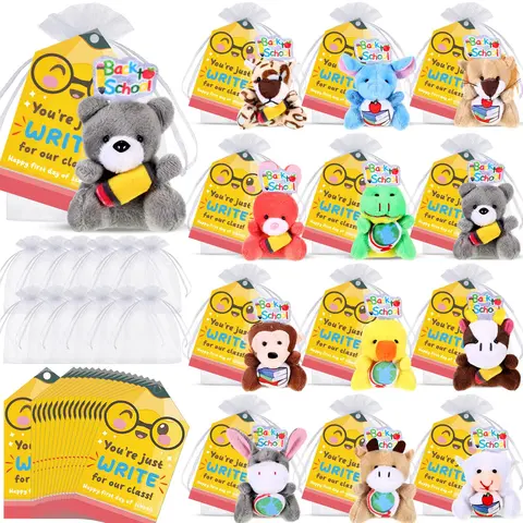 [Back to School Idea] 12/24 Set Mini Animal Plushes School Prizes Gifts for Students Back to School Mini Stuffed Gift from Teachers Stuffed Animals Bulk Mini Plush Animals with Card Small Stuffed Doll Keychain Classroom Gift Party Favors