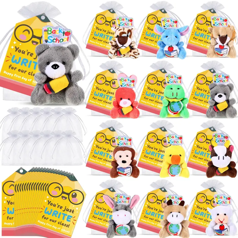 [Back to School Idea] 12/24 Set Mini Animal Plushes School Prizes Gifts for Students Back to School Mini Stuffed Gift from Teachers Stuffed Animals Bulk Mini Plush Animals with Card Small Stuffed Doll Keychain Classroom Gift Party Favors