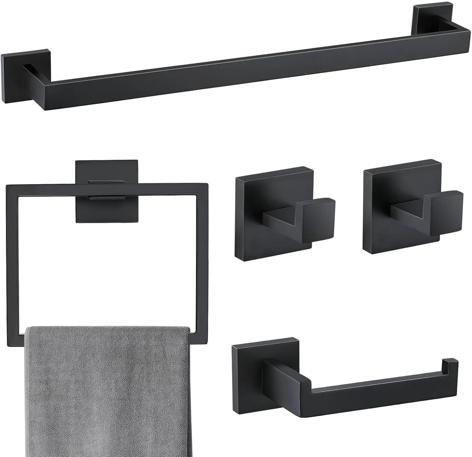 5-Piece Matte Black SUS304 Stainless Steel Bathroom Hardware Set - Wall-Mount 15.7in Towel Bar, Towel Holder Rack Accessories for Bathroom Decor