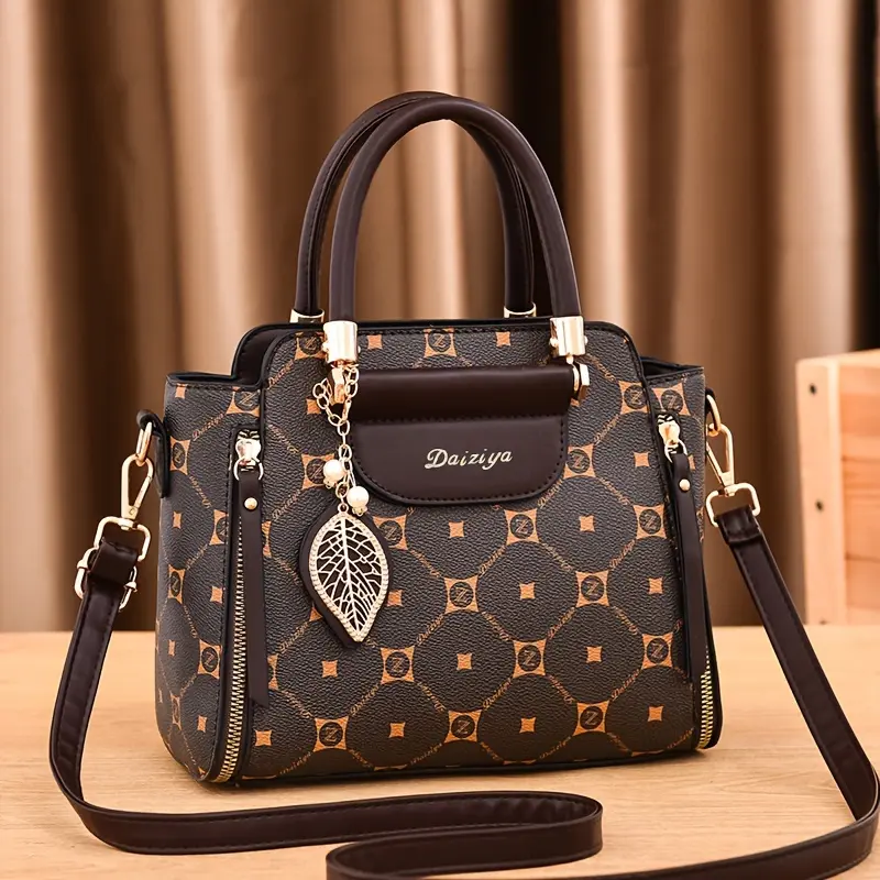 Women's Boston Bag, Vintage Coffee Plaid PU Leather Satchel with Top Handle, Adjustable Strap for Business Casual, Modest