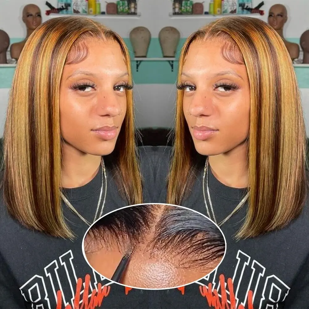 Bob Wig Human Hair Glueless 4/27 Highlight Honey Blonde Lace Front Ombre Bob Wigs Human Hair 180% Density Glueless Wigs Human Hair Pre Plucked Pre Cut 13x4 Lace Front Wigs Human Hair 14inch