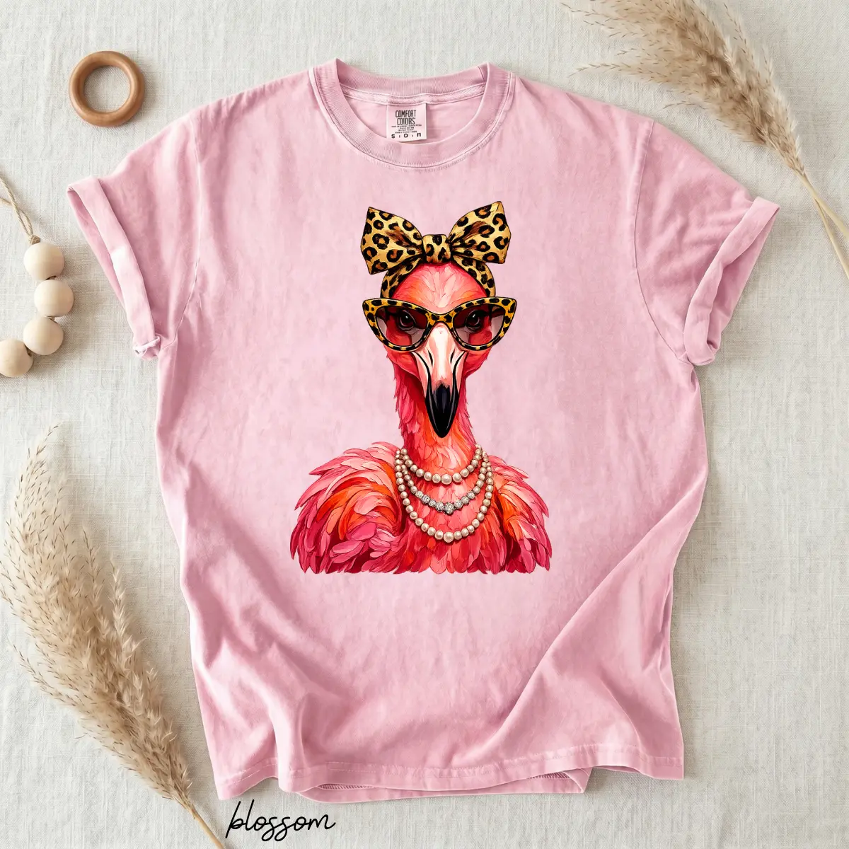 Comfort Colors Pink Flamingo Graphic T-Shirt, Leopard Bow Sunglasses Pearl Necklace Retro Animal Unisex Cotton Fashion Tee