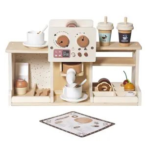 Wooden Coffee Maker Play Set for Kids, Pretend Coffee Shop Toy, Espresso Machine Play Kitchen Accessories, Wooden Barista Role Play Set with Cups, Drinks & Desserts, Montessori Toy for Toddlers