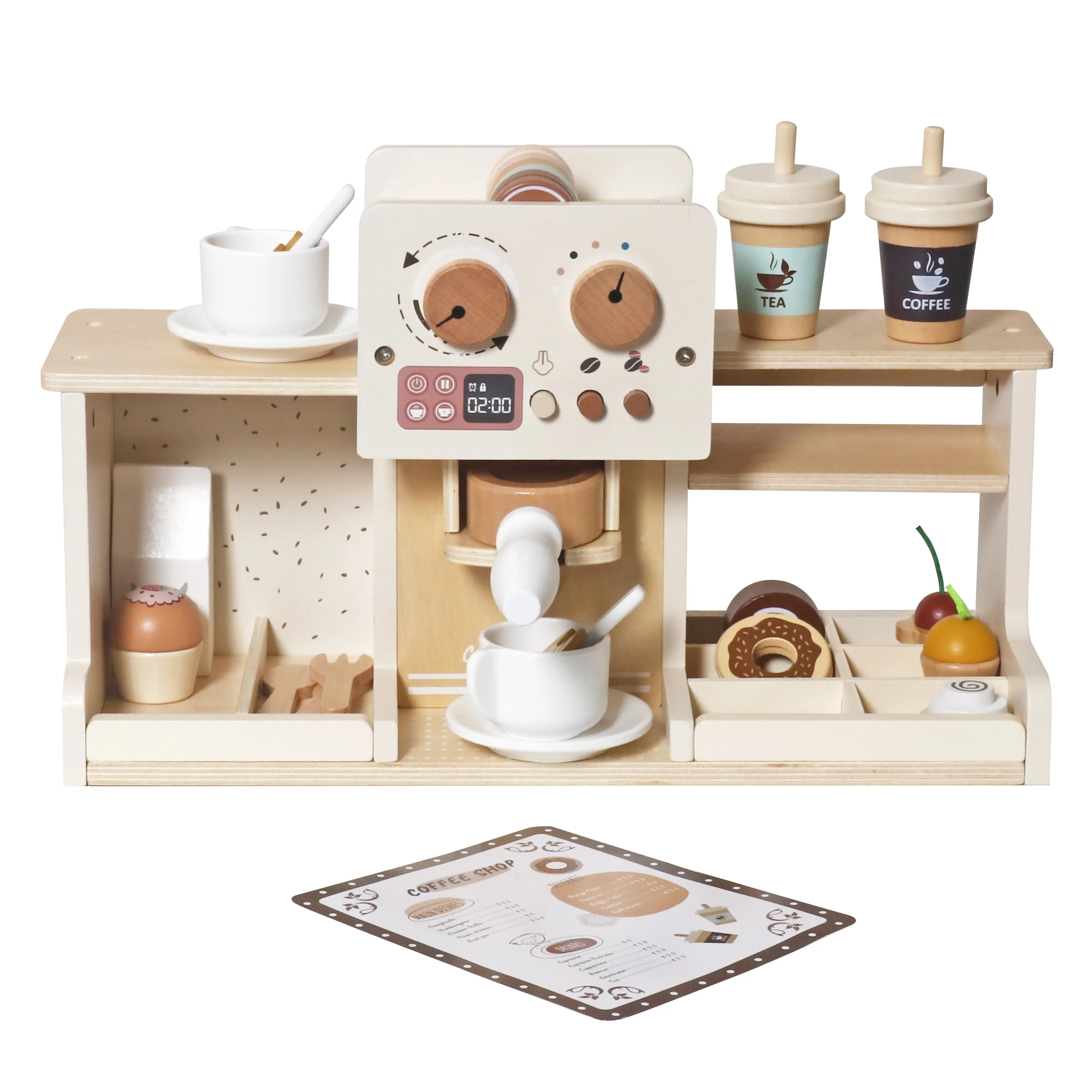 Wooden Coffee Maker Play Set for Kids, Pretend Coffee Shop Toy, Espresso Machine Play Kitchen Accessories, Wooden Barista Role Play Set with Cups, Drinks & Desserts, Montessori Toy for Toddlers