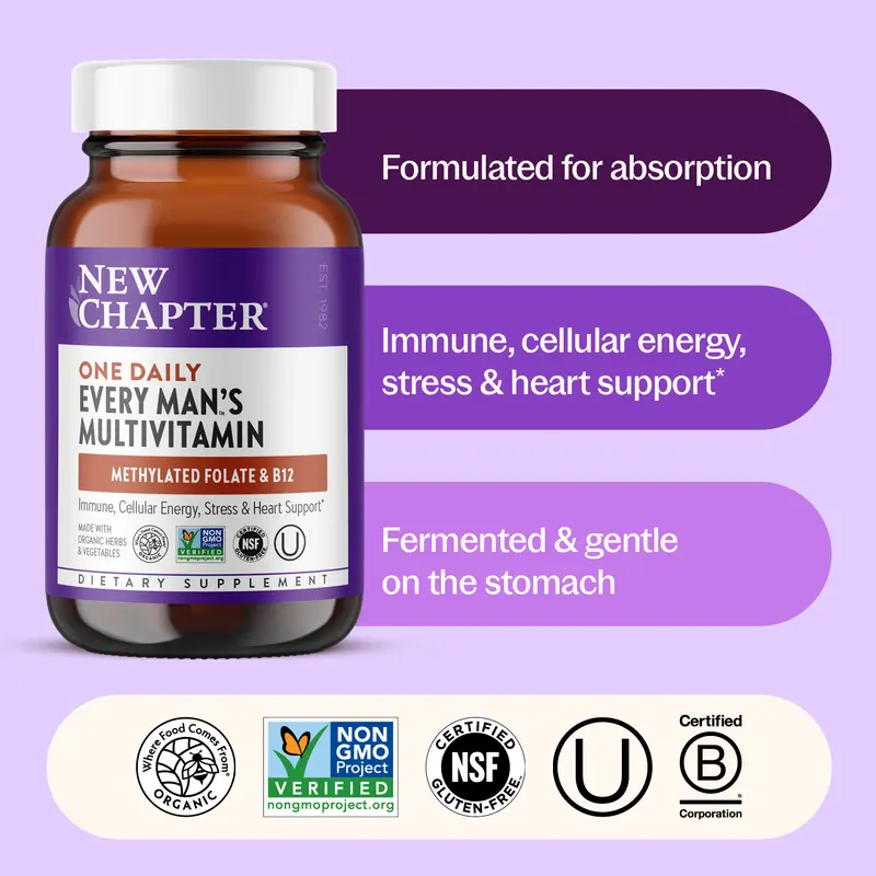 New Chapter Every Man's One Daily Multivitamin + Immune, Stress, Heart & Energy Support with Fermented Nutrients - 30ct