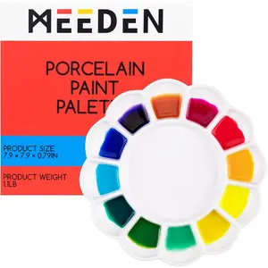 12-Well Ceramic Paint Palette, Porcelain Tray, Artist Watercolor Mixing Palette, Round, 7.9'x 7.9'x 0.79'