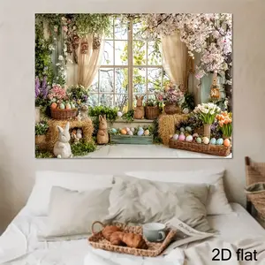 2D Flat, 1pc Easter Photo Backdrop with Large Window, Bunnies, Pastel Colors, Flowers, Green Plants, Baskets - Vibrant Spring Theme for Easter Parties, Photo Booths, And Studio Props, Easter Decorations, Party Decoration, Spring Theme Decor