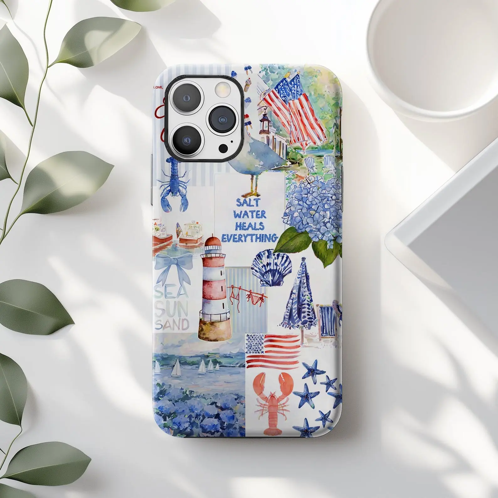 Coastal Americana Collage Phone Case: Floral Seashell Beach, Compatible with iPhone X, 11, 12, 13, 14, 15, 16, 17 & more